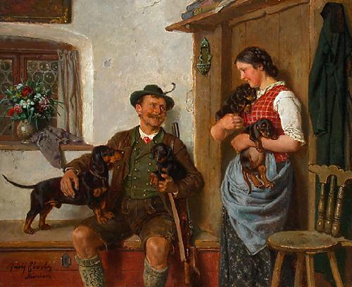 Gustav Eberlein Die Dackelfamilie mit Jager und Magd